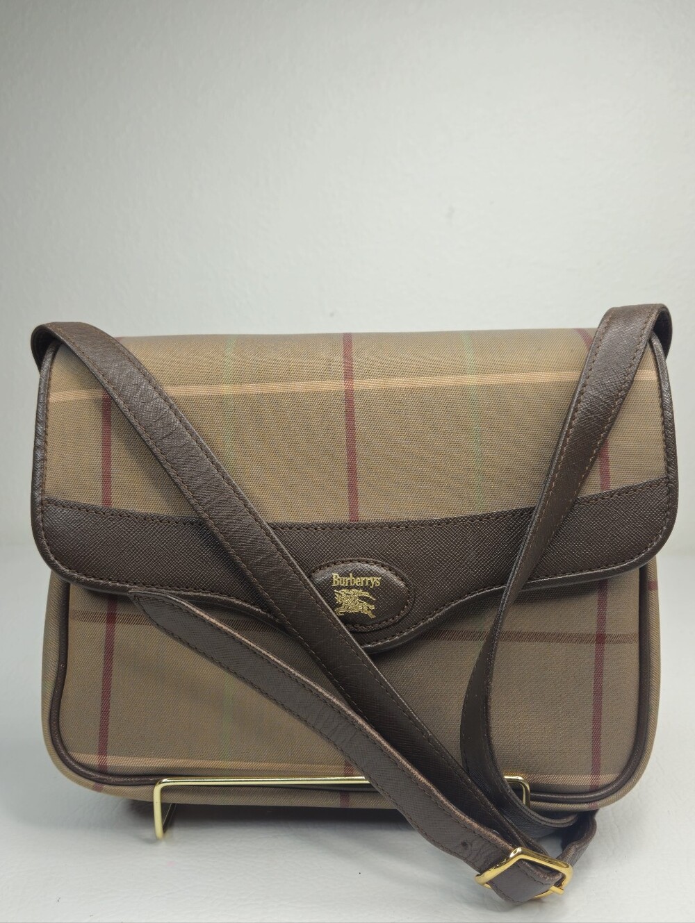Vintage Burberrys Nova Check Leather Crossbody Shoulder Bag Brown Gold